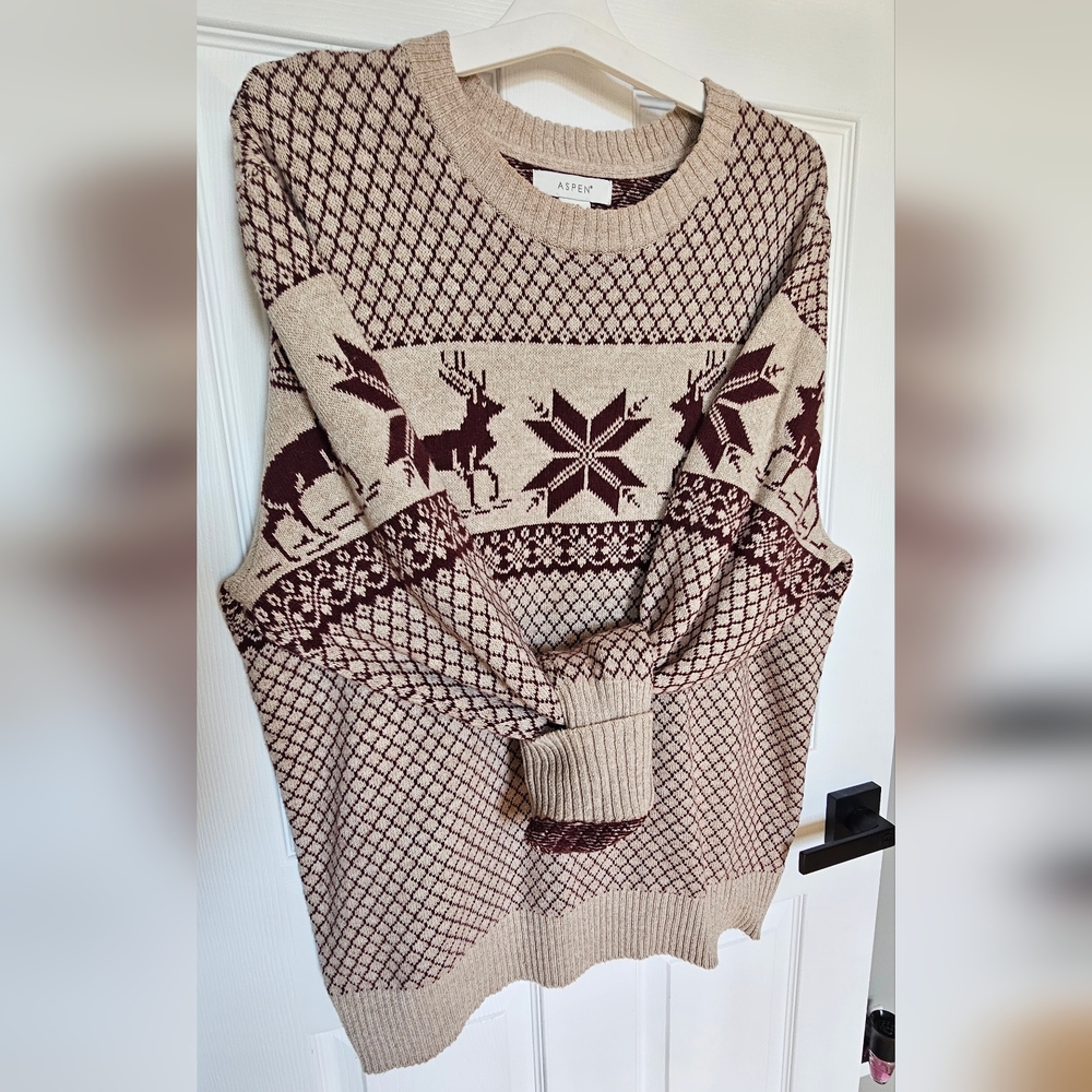 ✨ Aspen Tan & Red Reindeer Fair Isle Winter Sweater - Size XL ✨